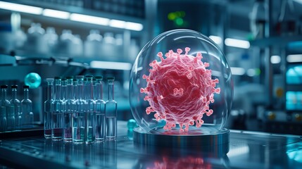 Wall Mural - A pink virus model encased in a glass sphere, representing a synthetic biology experiment within a laboratory setting.