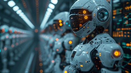 Poster - A futuristic vision of multiple robots with sleek, white exteriors standing in a server room, performing complex tasks.