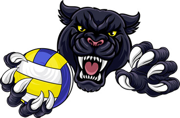 Poster - A panther jaguar leopard volleyball animal sports mascot holding a volley ball in his claw