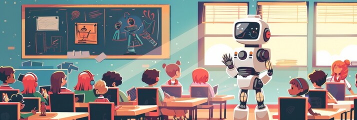 Aufkleber - Robot teaching in a classroom full of diverse children. Education and technology integration.
