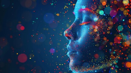 Poster - Digital profile of a face with vibrant colored particles and lights on a dark background. Represents futuristic technology and AI