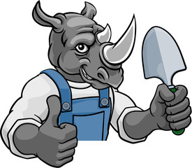 Wall Mural - A rhino gardener cartoon gardening animal mascot holding a garden spade tool peeking round a sign and giving a thumbs up