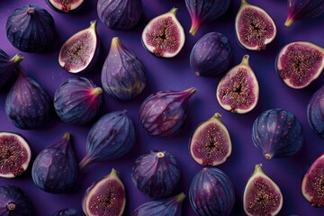 Pattern of Fresh Figs with Halves on Purple BackgroundColorful arrangement of whole fresh figs and fig halves on a vibrant purple background, captured under evening light.figs