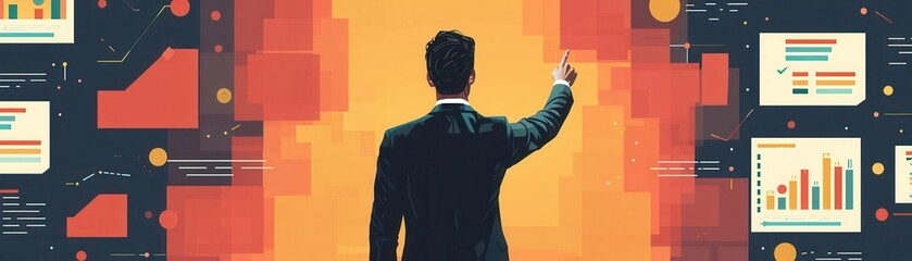 Wall Mural - A man in a suit pointing at a screen with a red background