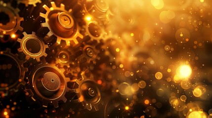 Aufkleber - Mechanical gears illuminated with a golden light. Industrial engineering and machinery concept.
