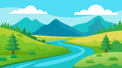 Canvas Print - River landscape illustration with a view of green fields, mountains and trees