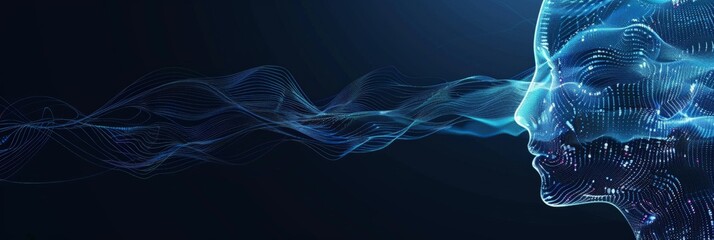 Poster - Abstract digital face with flowing blue light patterns and glowing details on a dark background. Highlights futuristic technology and AI