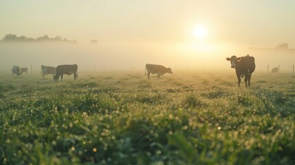 Poster - A group of cows are grazing in a field with a foggy sky in the background