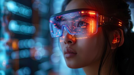 Poster - A woman wears futuristic goggles, experiencing a virtual reality demonstration of nanotechnology.