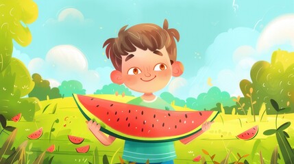 Cartoon character cute little boy hold and eat watermelon in plantation field in farm