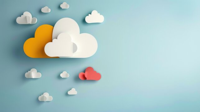 A blue background with a bunch of paper clouds and one red cloud