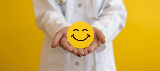 a doctor holds the yellow happy face icon