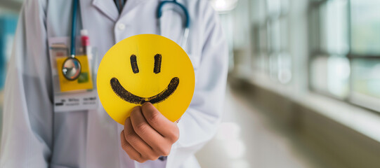 a doctor holds the yellow happy face icon