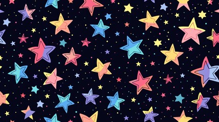 Poster - A seamless pattern of colorful stars on a dark blue background.