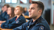 © OMD - A group of people in uniforms seated in a classroom setting with one individual in focus looking attentively forward.