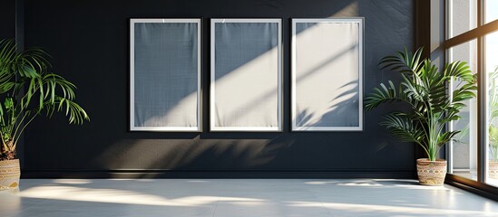 Aufkleber - Black wall adorned with empty frames serves as a mockup for design presenting a copy space image