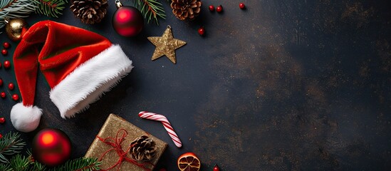 Aufkleber - Top down view of a Christmas arrangement featuring a Santa hat gift bauble star on a background with space for text suitable for a flat lay image. with copy space image