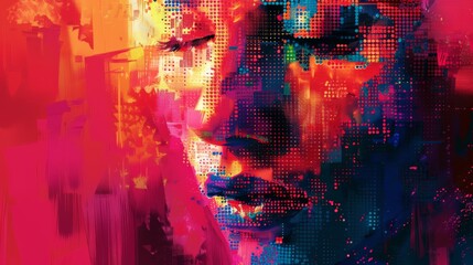 Aufkleber - Abstract digital face with vibrant colors and geometric patterns on a dark background. Highlights futuristic technology and AI