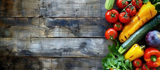 Aufkleber - An assortment of fresh vegetables displayed on a rustic wooden surface creates a wholesome organic nutrition setting viewed from above with a blank area for text or images. with copy space image