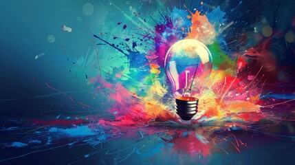 Poster - Glowing light bulb with colorful explosion background symbolizing ideas and creativity. Artistic representation of innovation and inspiration.