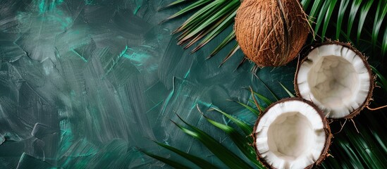 Aufkleber - Coconut halved over palm leaf with copy space image
