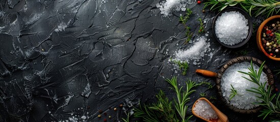 Leinwandbilder - Top view of a dark stone table with salt and herbs creating a food cooking background perfect for a copy space image