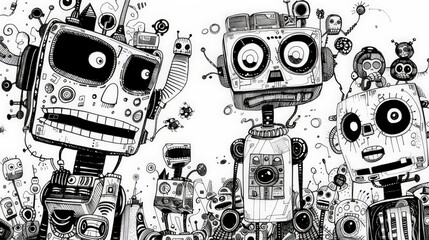 Aufkleber - Group of playful doodle robots in black and white with various expressions and mechanical details. Concept of fun robotic illustrations and creativity.