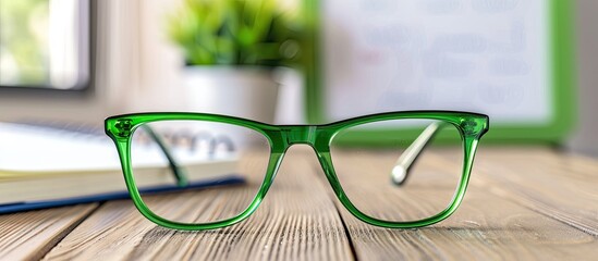 Poster - A pair of green glasses on a wooden table with a notebook a plant and a whiteboard in the background featuring copy space image