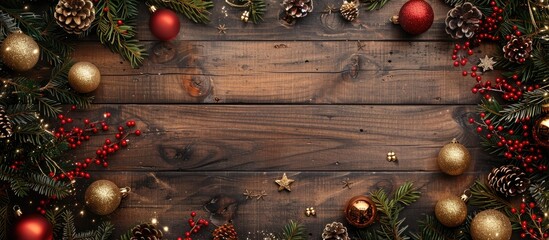 Poster - Festive Christmas design on a wooden backdrop for a New Year themed greeting card with ample copy space image captured in a flat lay top view