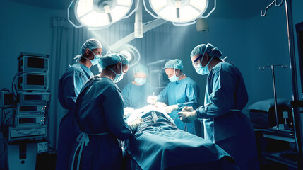 Wall Mural - A group of surgeons performing surgery in an operating room, illuminated by surgical lights, with medical equipment and monitors in the background.