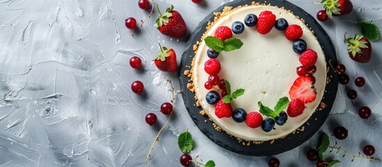 Leinwandbilder - Flat lay of homemade cheesecake decorated with blueberries currants strawberries and mint leaves with copy space image