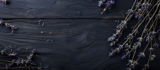 Aufkleber - Black wooden surface with dried lavender flowers showcasing copy space image