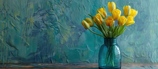 Poster - Yellow tulips arranged in a blue glass vase against a green backdrop with ample copy space image