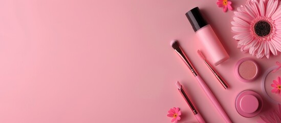 Poster - Flat lay arrangement features various decorative makeup products and a card on a soft pastel pink backdrop with ample copy space image
