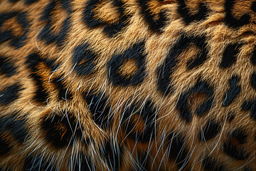 Poster - Leopards skin pattern, leopard print background, close-up of the texture and details of fur with black spots on golden brown leopard hair