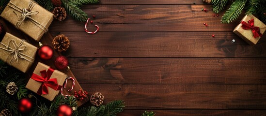 Poster - Festive Christmas decor featuring gifts on a wooden board perfect for a copy space image