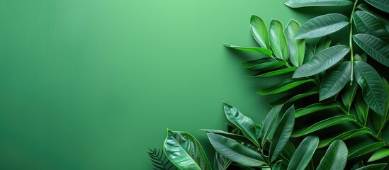 Poster - Top view of exotic Zamioculcas zamiifolia leaves on a green background creating a creative layout with copy space image