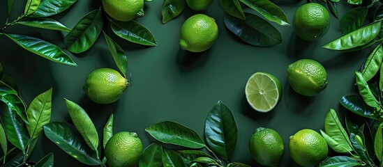 Wall Mural - A flat lay arrangement including vibrant limes and leaves on a green backdrop with room for text in the image. with copy space image. Place for adding text or design