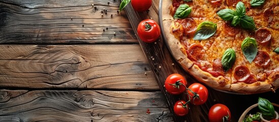 Aufkleber - Delicious pizza displayed on a wooden background with copy space image