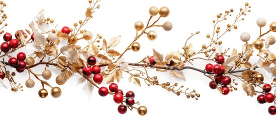 Poster - Isolated on a white background a golden garland adorned with berries stands elegantly creating a festive atmosphere in the copy space image