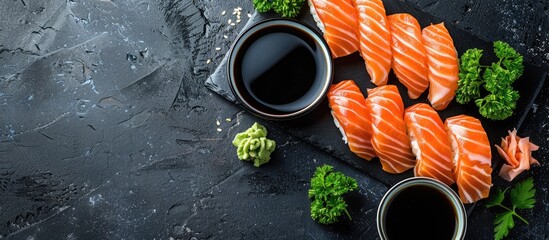 Fototapete - Top view of a sashimi set featuring raw salmon slices accompanied by funchosa parsley wasabi and soy sauce on a dark table with available copy space image