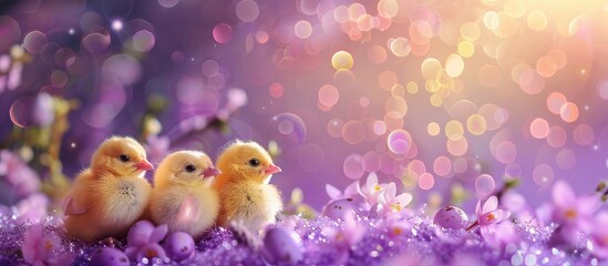Aufkleber - Easter holiday theme with adorable Easter chicks in eggs and flowers on a sparkling purple backdrop with copy space image