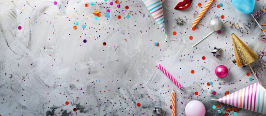 Poster - Top view of a festive birthday or party theme with birthday candles glitter party hats and lips on a grey background with ample copy space image