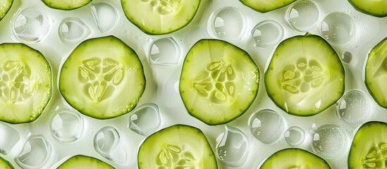 Leinwandbilder - A top view shot portraying a pattern of sliced green cucumbers on a clear glass surface creating a vegan vegetable theme with ample free copy space image