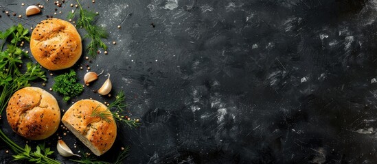 Poster - Top down view of Ukrainian garlic pampushka bread with ample copy space image available
