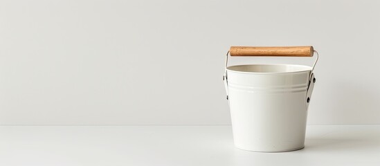 Poster - White metal bucket with wooden handle displayed on a plain white backdrop for a copy space image