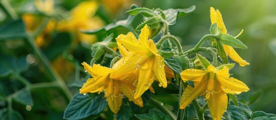 Leinwandbilder - Early summer shows vibrant yellow tomato flowers blooming beautifully perfect for a copy space image