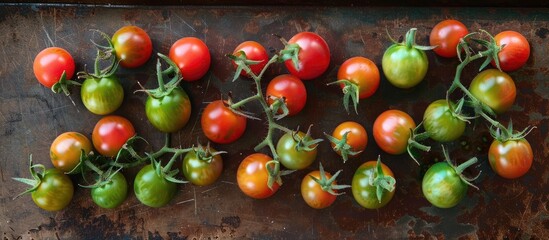Aufkleber - Italian organic mini roma cherry tomatoes displaying their fresh ripe green hues provide a vibrant copy space image