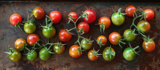 Wall Mural - Italian organic mini roma cherry tomatoes displaying their fresh ripe green hues provide a vibrant copy space image