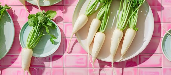 Aufkleber - Fresh daikon radishes on plates against a pink tile background ideal for a copy space image